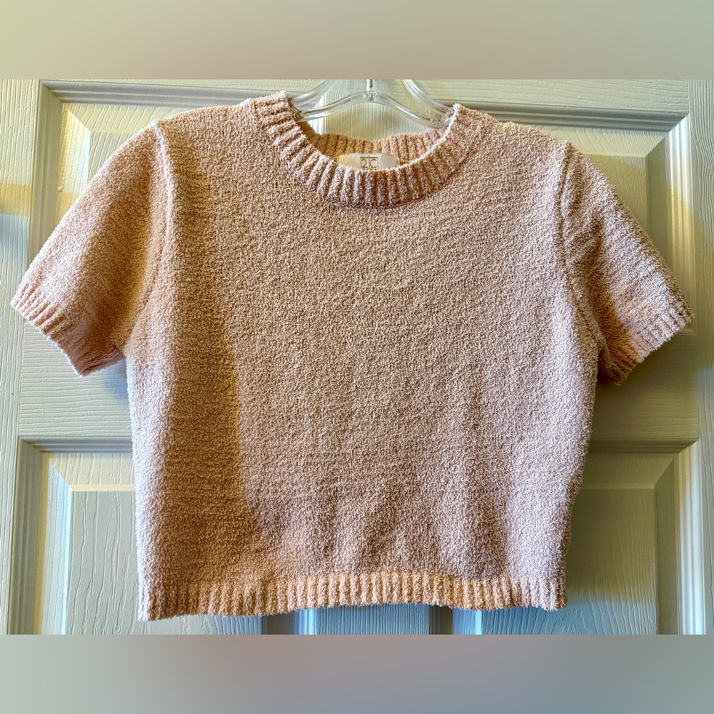 two cumberland chenille cropped short sleeve sweater pink size M